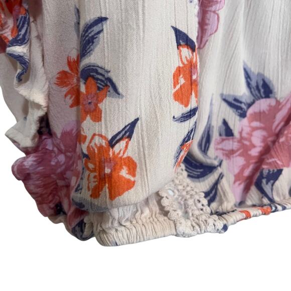 Angie Square Neck Crochet Crinkle Floral Flutter Ruffle Blouse Top Cream Large - Picture 5 of 7